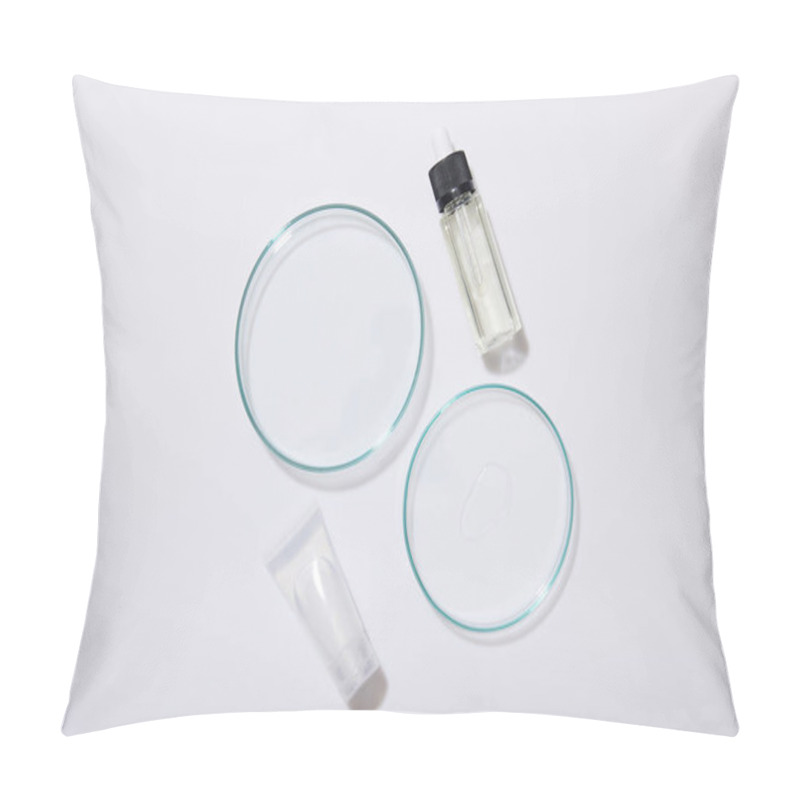 Personality  Top View Of Laboratory Glassware, Cosmetic Tube And Bottle Of Oil On Grey Background Pillow Covers