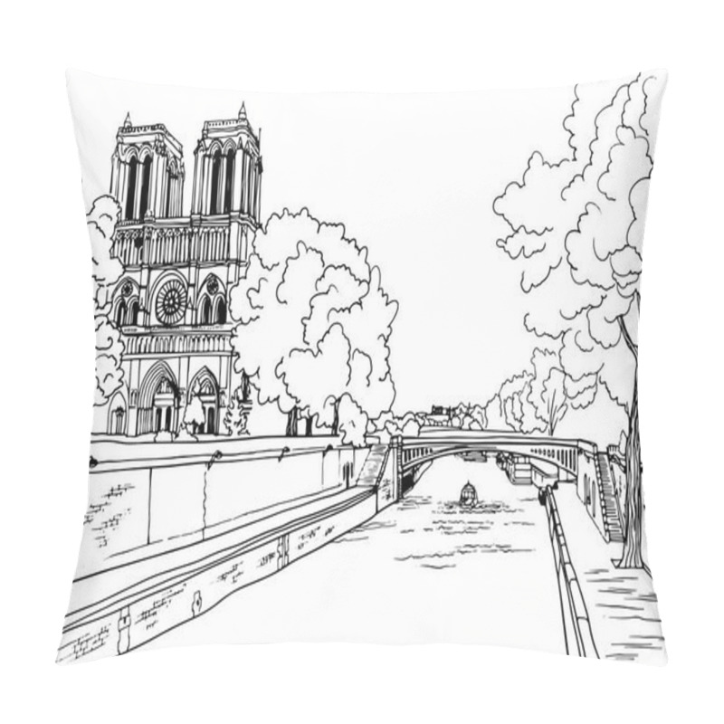 Personality  Romantic View Of Old Paris Bridge And River Seine. Paris, France. Hand Drawn Sketch. Line Art. Ink Drawing. Black And White Vector Background On White. For Illustration And Romantic Postcards. Pillow Covers