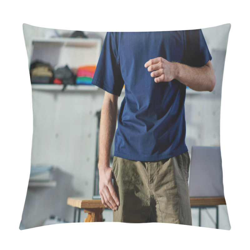 Personality  Cropped View Of Young Craftsman In Casual Clothes Standing Near Working Table In Blurred Print Studio At Background, Hands-on Entrepreneurship Concept  Pillow Covers