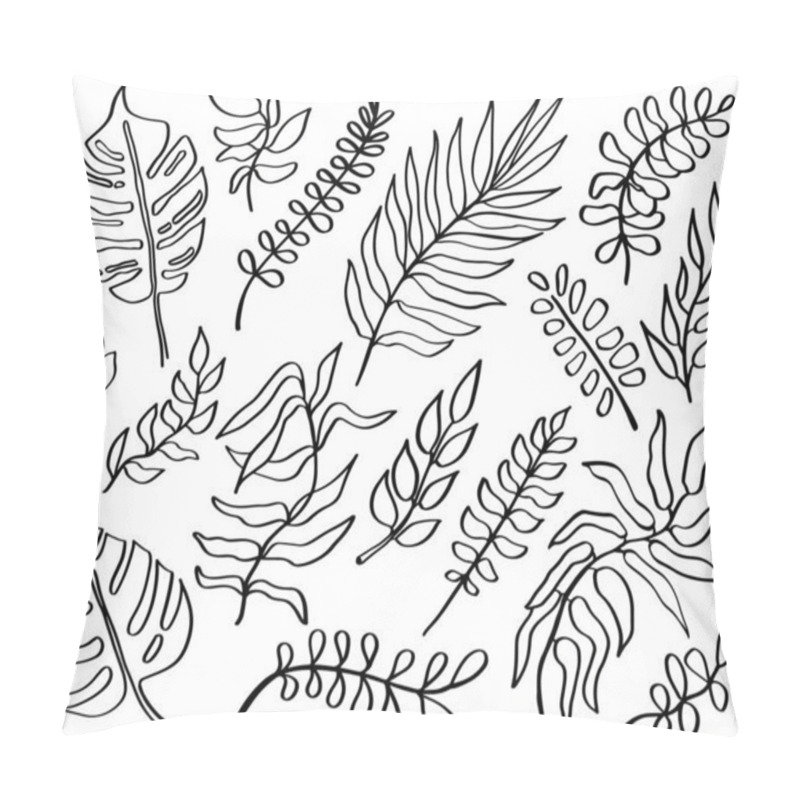 Personality  One Line Drawing Leaves Set In Doodle Style. Lineart Hand Drawn Black Plants. Modern Exotic Botanical Illustrations. Monstera, Palm Tropical Leaf. Pillow Covers