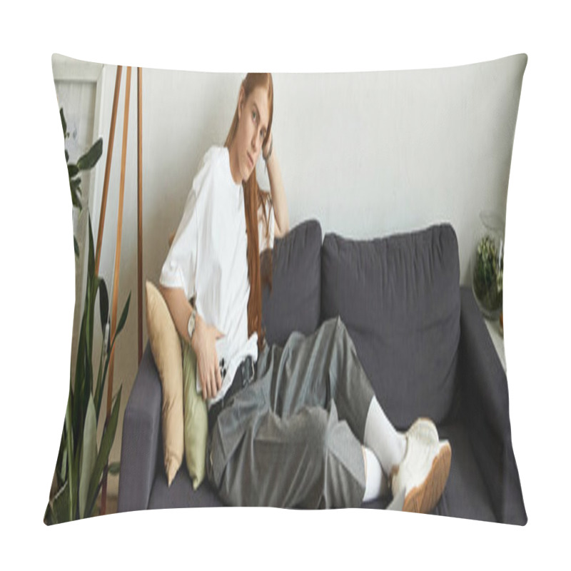 Personality  A Young Man Lounges Comfortably On A Sofa, Enjoying A Moment Of Leisure Amidst Indoor Greenery. Pillow Covers