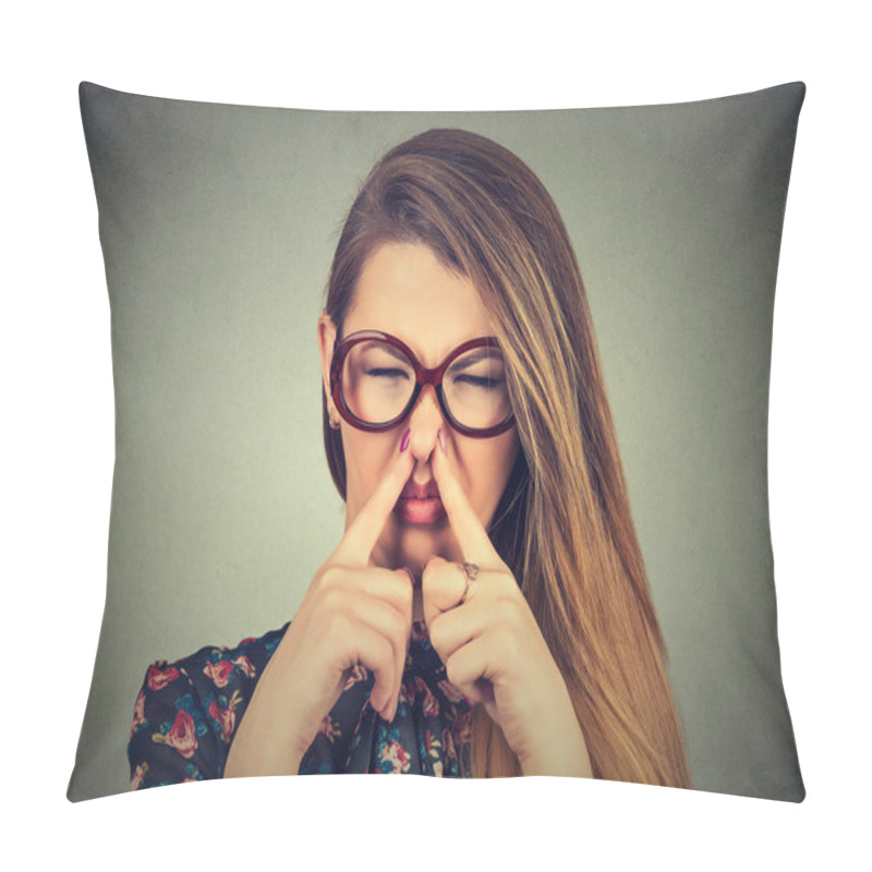 Personality  Woman Pinches Nose With Fingers Looks With Disgust Bad Smell Pillow Covers