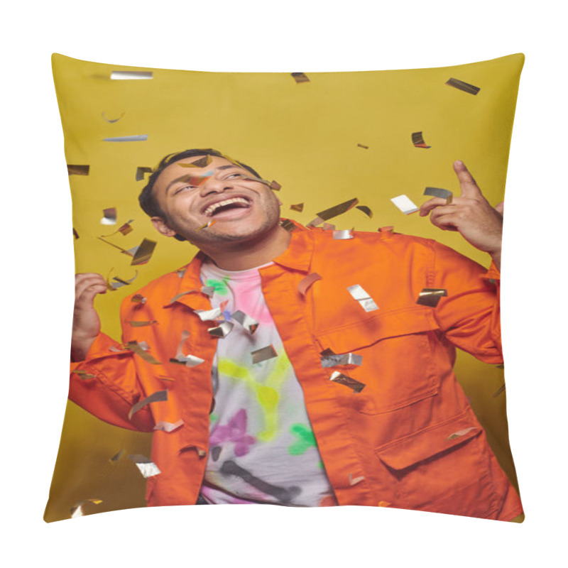 Personality  Excited Indian Man In Orange Jacket Gesturing Near Confetti On Yellow Backdrop, Party Concept Pillow Covers