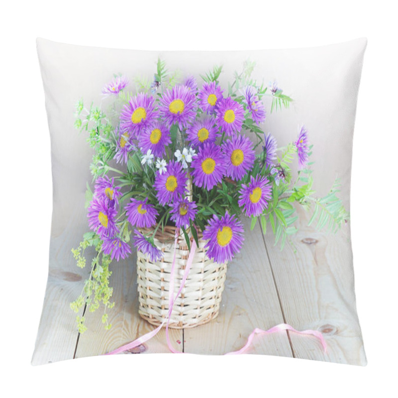 Personality  Still Life With A Bouquet Of Asters In A Basket On White Pillow Covers