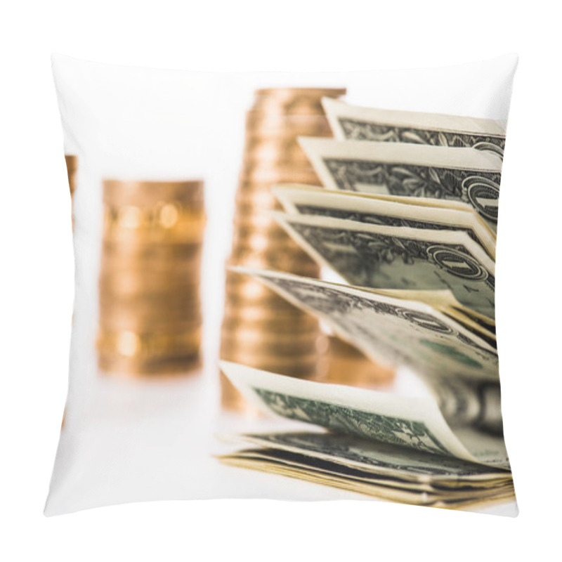 Personality  Close-up View Of Dollar Banknotes And Golden Coins Isolated On White  Pillow Covers