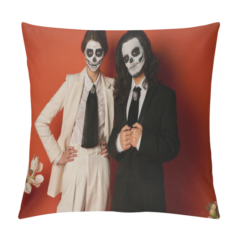 Personality  Elegant Couple In Catrina Calavera Makeup Looking At Camera Near Floral Decor On Red, Day Of Dead Pillow Covers