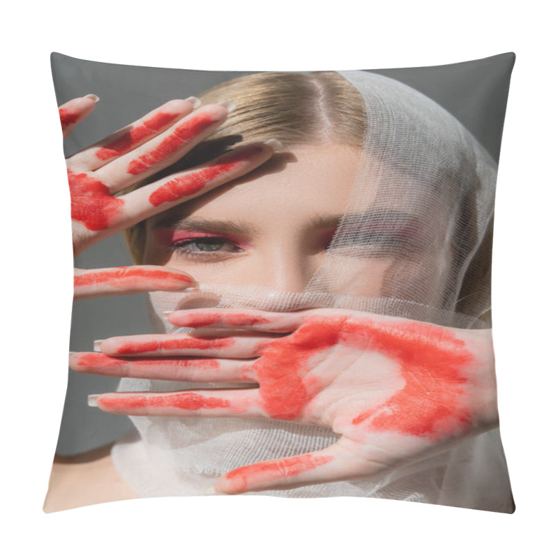 Personality  Model With Medical Bandage On Face And Red Paint On Hands Isolated On Grey  Pillow Covers