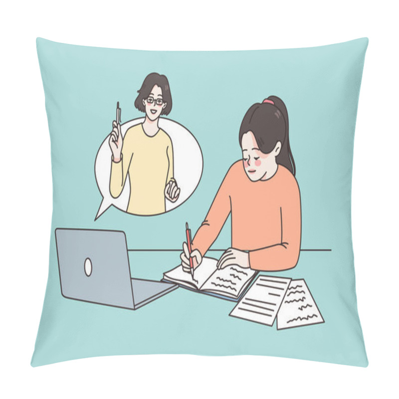 Personality  Smart Girl Study Online On Computer From Home Pillow Covers