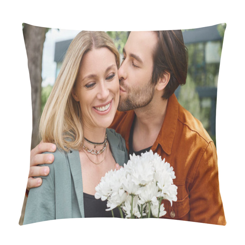 Personality  A Loving Man Passionately Kisses A Woman Holding A Beautiful Bouquet Of Flowers. Pillow Covers