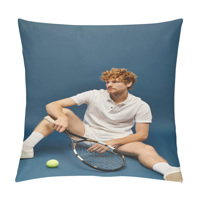 Personality  Trendy Redhead Man In White Tennis Clothes With Racquet Sitting Near Tennis Ball On Blue Backdrop Pillow Covers