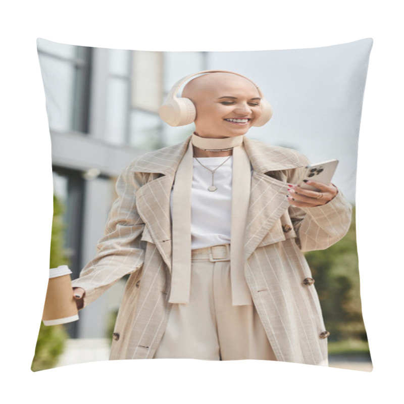 Personality  A Young Bald Woman In Stylish Clothing Smiles Joyfully, Holding A Coffee Cup And A Phone. Pillow Covers