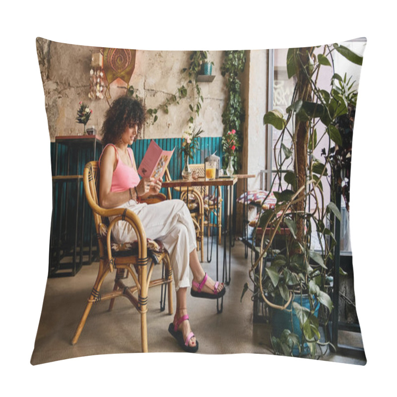 Personality  A Woman In Stylish Attire Sits In A Cafe In Europe, Reading A Menu. Pillow Covers