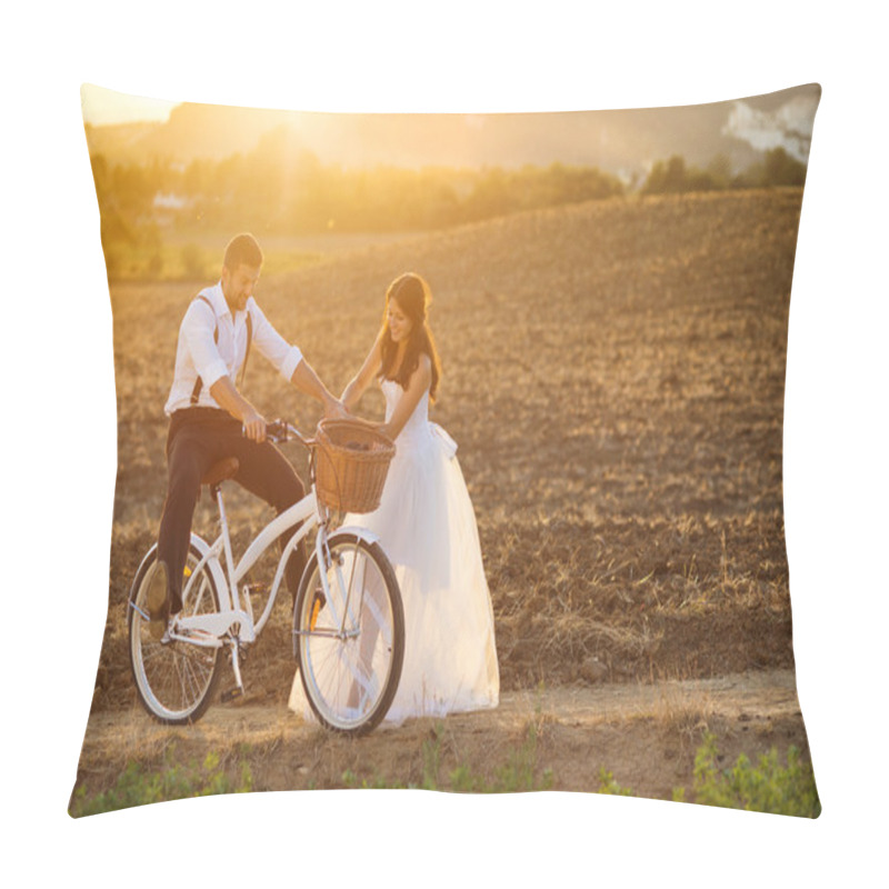 Personality  Bride And Groom With A White Wedding Bike Pillow Covers