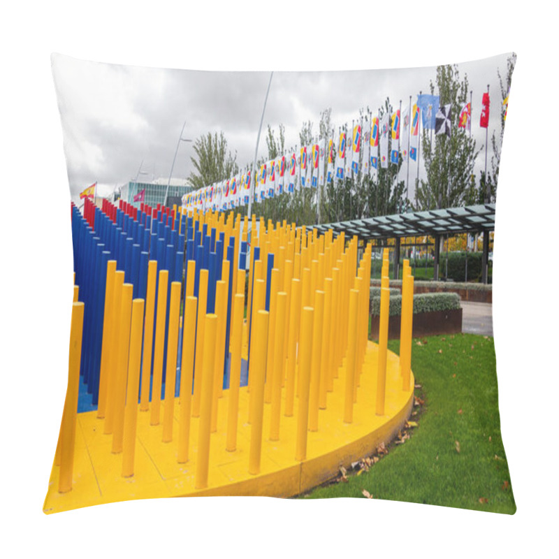 Personality  Madrid, Spain; 11/02/2019: IFEMA (Madrid Fair Institution) Is An Entity That Organizes Fairs, Halls And Congresses In Its Facilities And Will Host The COP 25. Picture Of Logo And Flags At The Entrance Pillow Covers