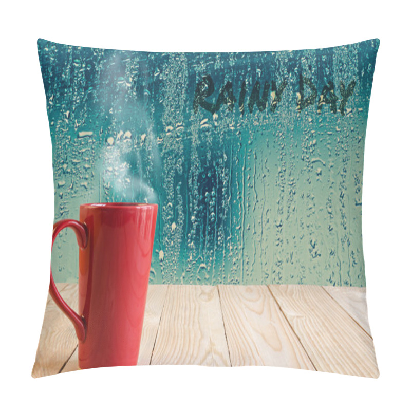 Personality  Red Coffee Cup With Smoke  On Water Drops Glass Window Backgroun Pillow Covers