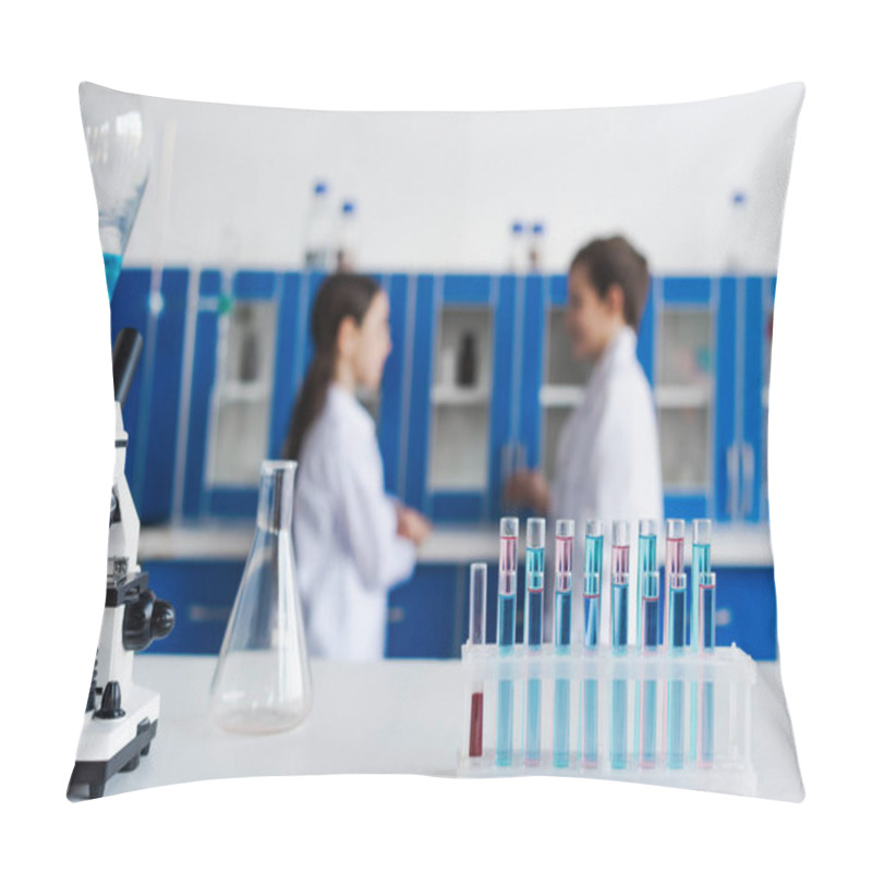 Personality  Selective Focus Of Test Tubes And Microscope Near Children On Blurred Background In Chemical Lab Pillow Covers