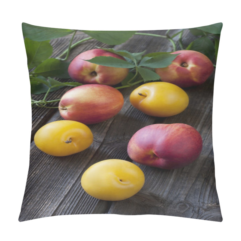 Personality  Juicy Fresh Plums  And Nectarines On Dark Wooden Background Pillow Covers