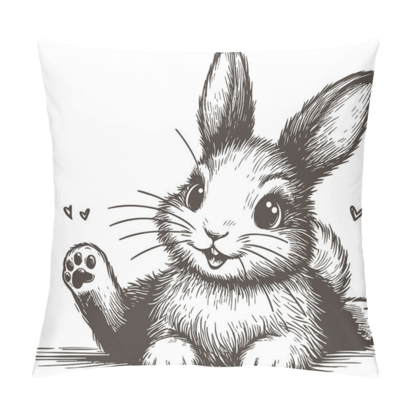 Personality  Cute Rabbit Waving Paw In Detailed Sketch Style Drawing Pillow Covers