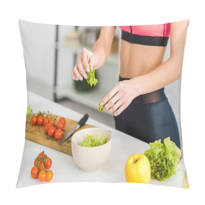 Personality  Cropped View Of Sportswoman Holding Salad Leaves Near Bowl Pillow Covers