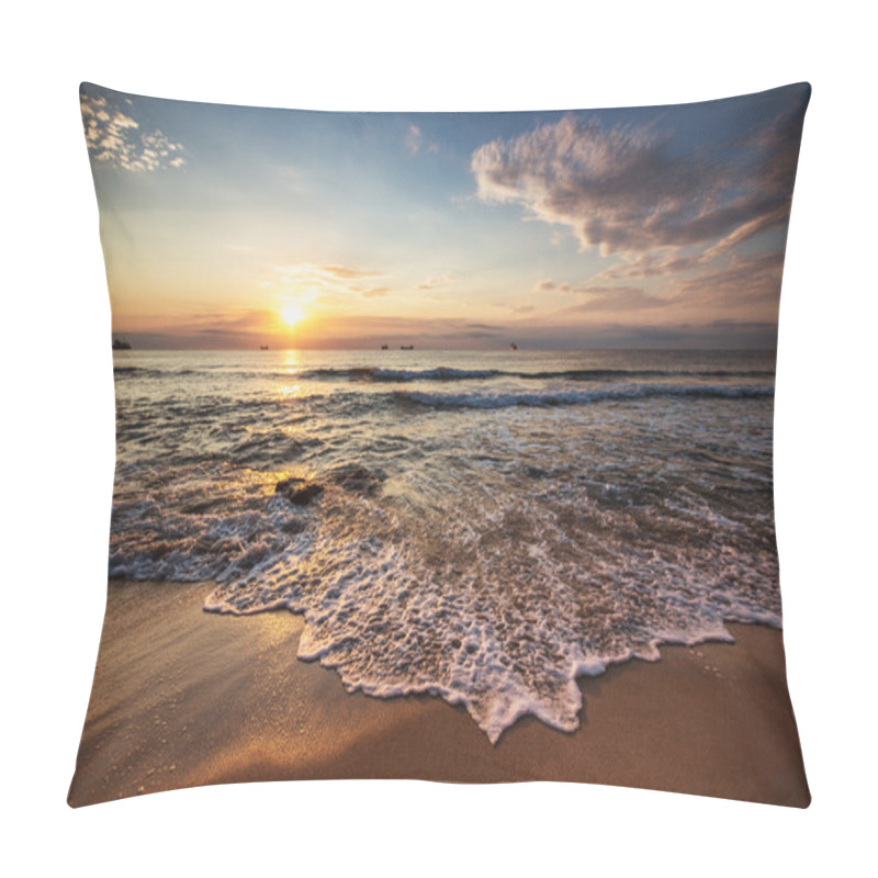 Personality  Scenic Sunrise Over The Beach. Cargo Ships Sailing In The Sea Pillow Covers