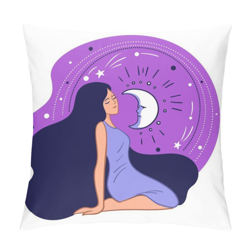 Personality  Shining Moon And Stars, Space And Galaxy Exploration. Woman Wearing Elegant Long Dress Sitting By Night Sky. Fantasy And Dreaming, Witchcraft And Occult Knowledge Of Lady. Vector In Flat Style Pillow Covers