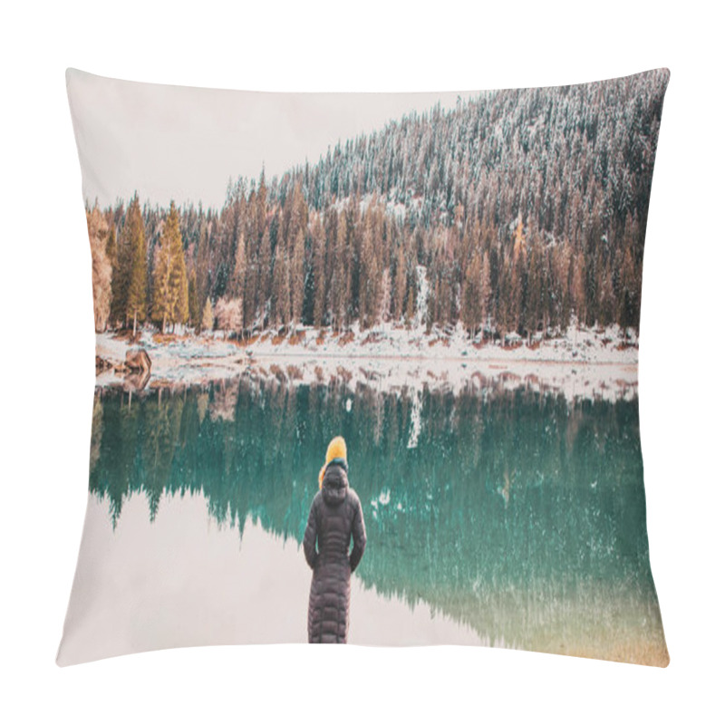 Personality  Woman Watchin Amazing Turquoise Water Of Caumasee In Winter Switzerland Slow Travel Pillow Covers