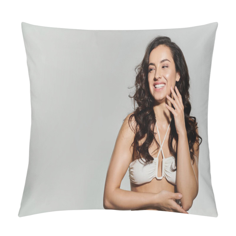 Personality  Cheerful Woman With Dark Long Hair Posing Actively. Pillow Covers