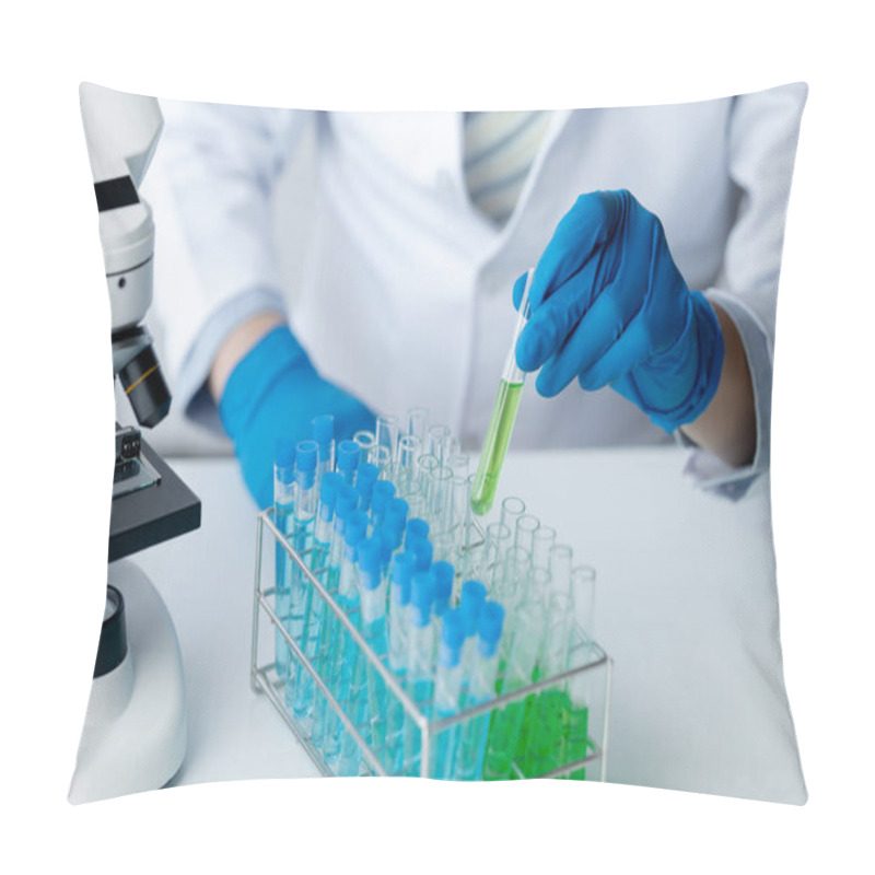 Personality  Lab Assistant, A Medical Scientist, A Chemistry Researcher Holds A Glass Tube Through The Blood Sample, Does A Chemical Experiment And Examines A Patient's Blood Sample. Medicine And Research Concept. Pillow Covers