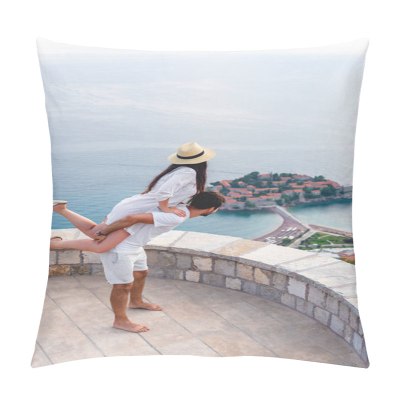 Personality  Boyfriend Giving Piggyback To Girlfriend At Viewpoint Near Island Of Sveti Stefan In Budva, Montenegro Pillow Covers