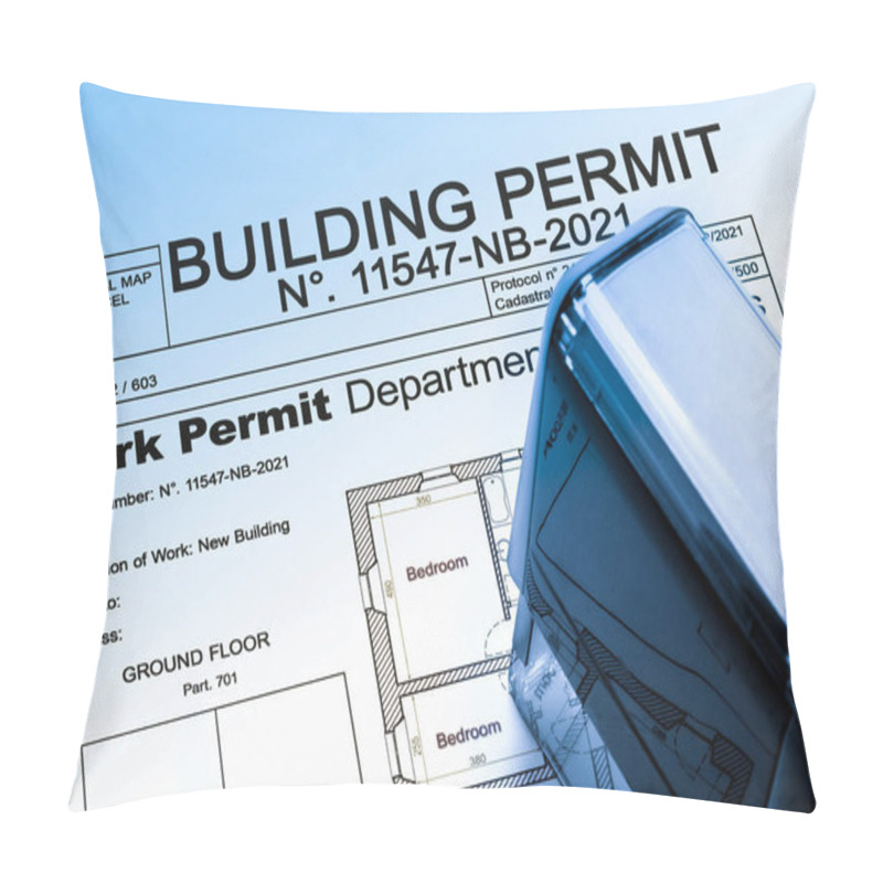 Personality  Buildings Permit Concept With Residential Building Project And Plastic Stamp Pillow Covers