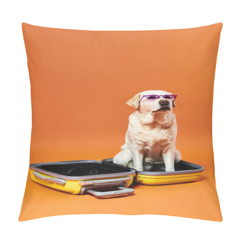 Personality  A Stylish Dog Wearing Sunglasses Is Comfortably Sitting Inside A Suitcase, Looking Cool And Relaxed. Pillow Covers