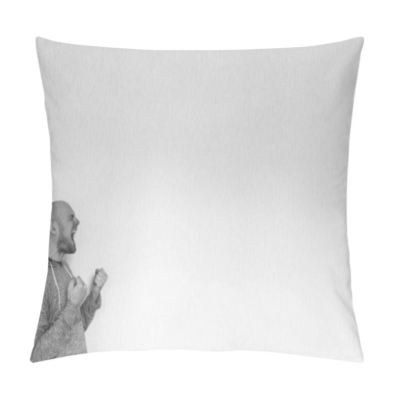 Personality  Bold Male Person With A Hoodie  Is Screaming Out Of Anger With Clutched Fists. Black And White Blank Space Background Image. Anger Management. Pillow Covers