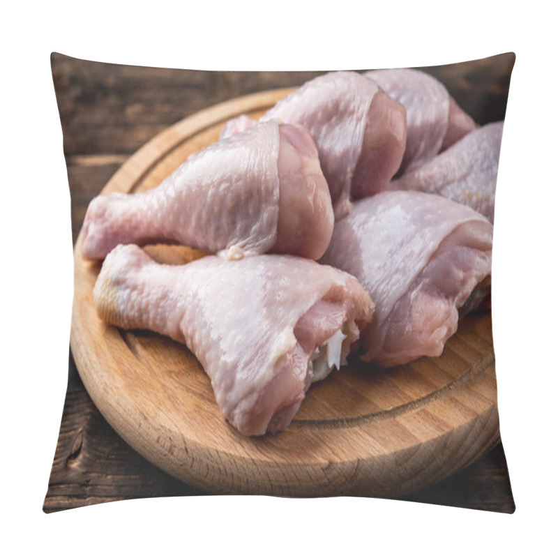 Personality  Raw Chicken Legs On Wooden Board On Dark Wooden Background. Pillow Covers