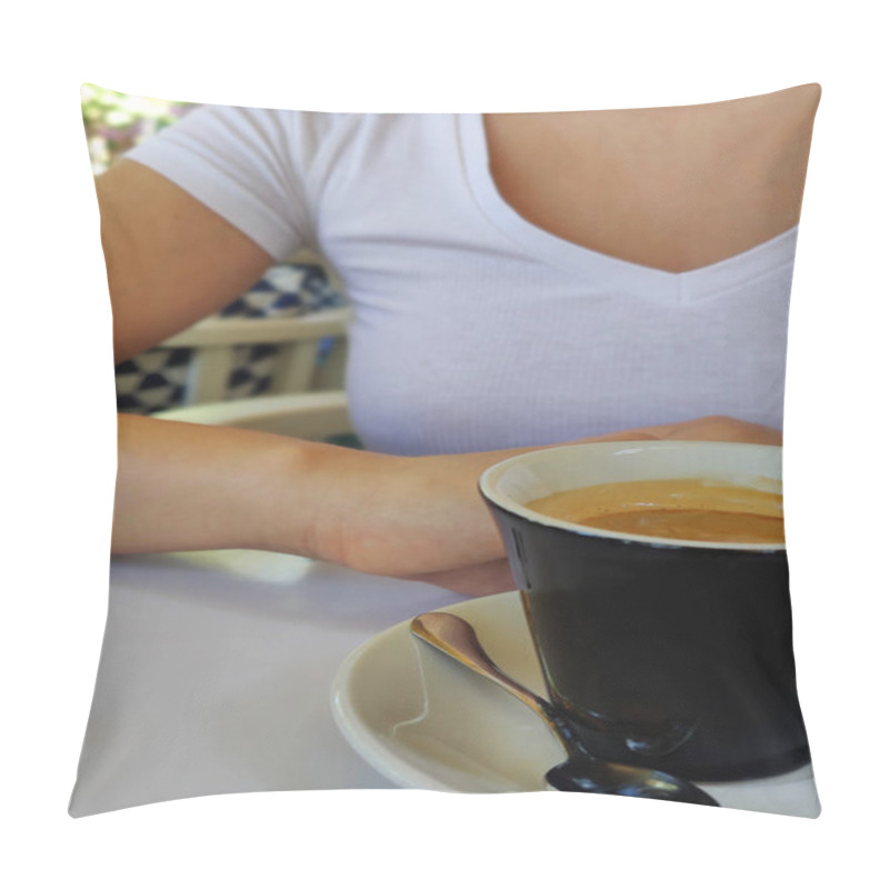 Personality  A Woman Is Sitting At An Outdoor Cafe, Enjoying A Cup Of Coffee. A Close-up Shot Of A Freshly Brewed Cup Of Espresso. Pillow Covers