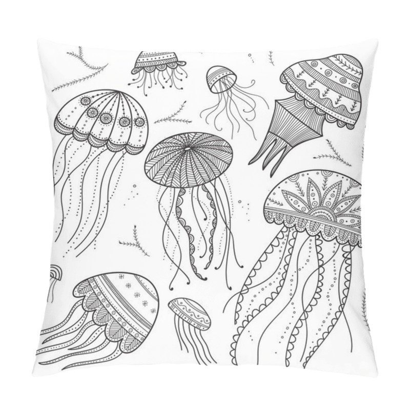 Personality  Vector Set Of Jellyfishes In Ethnic Boho Style With Zen Doodle And Tangle Elements. Can Be Used As Coloring Page, Template, Etc. Pillow Covers