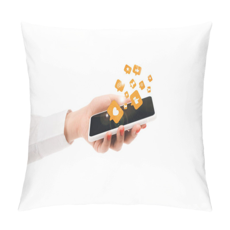 Personality  Cropped View Of Woman Holding Smartphone With Social Media Icons Isolated On White Pillow Covers