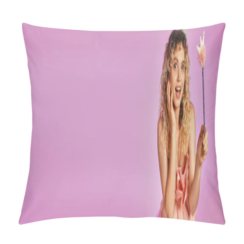 Personality  Slightly Shocked Joyful Woman In Tooth Fairy Costume Holding Magic Wand On Pink Backdrop, Banner Pillow Covers