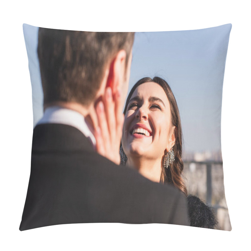 Personality  Joyful Woman Touching Face Of Blurred Boyfriend  Pillow Covers