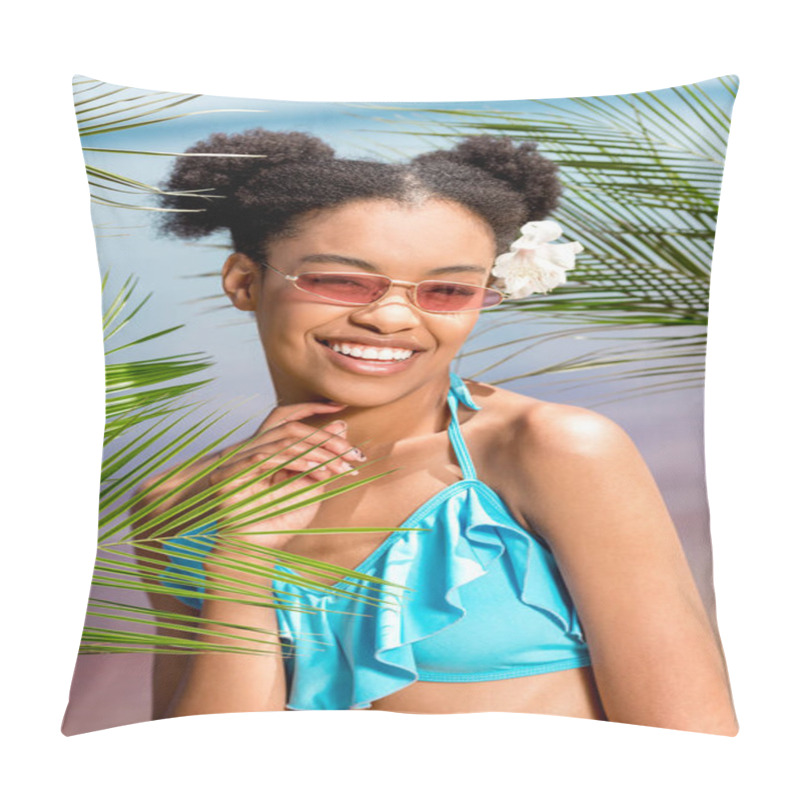 Personality  Happy African American Woman In Sunglasses With Flower In Hair Near Palm Leaves In Front Of Sea Pillow Covers