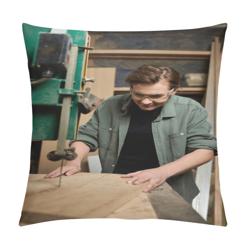 Personality  A Dedicated Female Carpenter Focuses On Crafting Wooden Pieces In Her Well-equipped Workshop. Pillow Covers