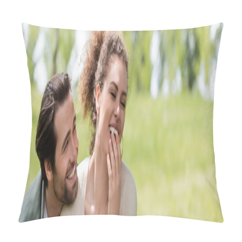 Personality  Happy Man And Cheerful Woman Laughing While Covering Mouth In Park,  Banner Pillow Covers