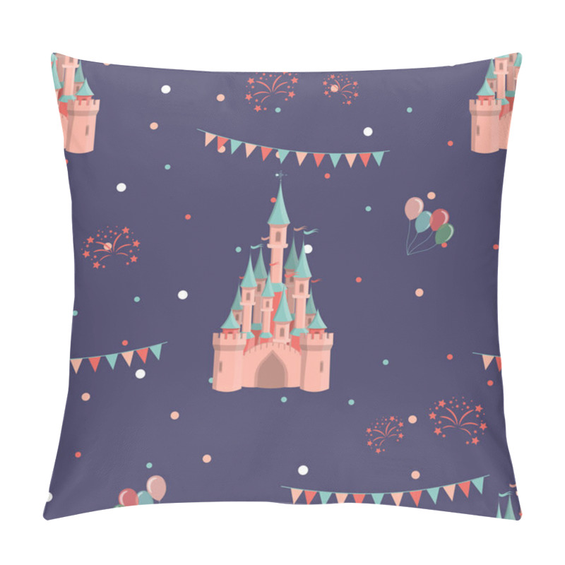 Personality  Amusement Park Seamless Pattern With Pink Princess Castle, Air Balloons And Fireworks. Vector Illustration. Pillow Covers