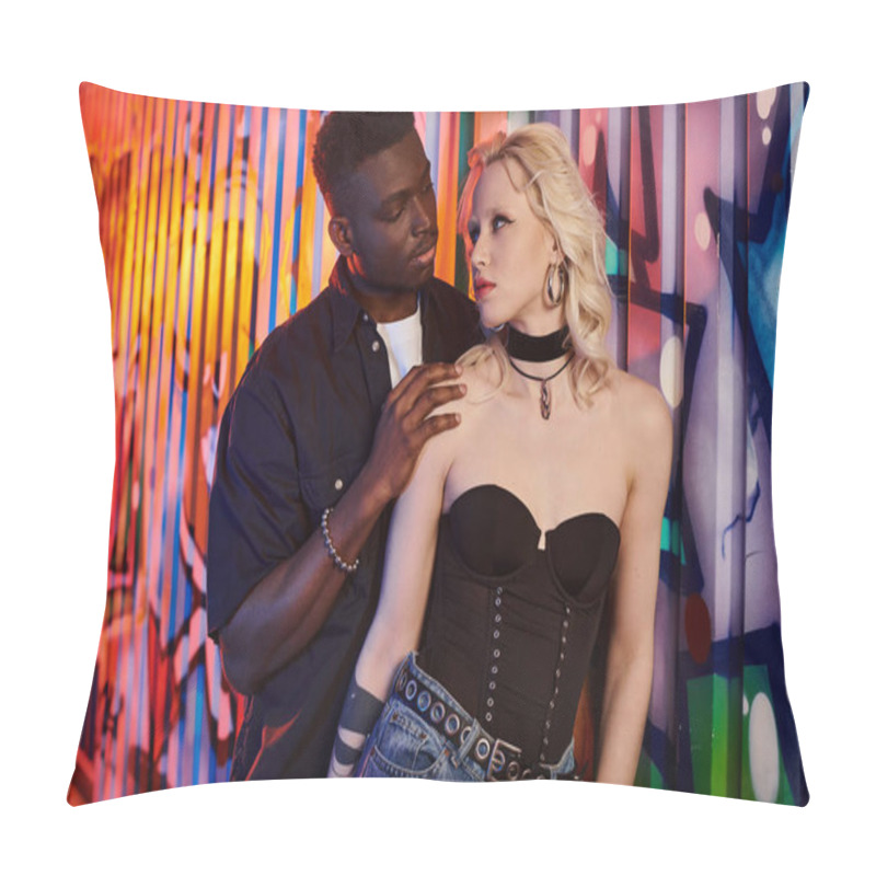 Personality  A Blonde Woman And An African American Man Stand Together In Front Of A Vibrant, Graffiti-covered Urban Wall. Pillow Covers