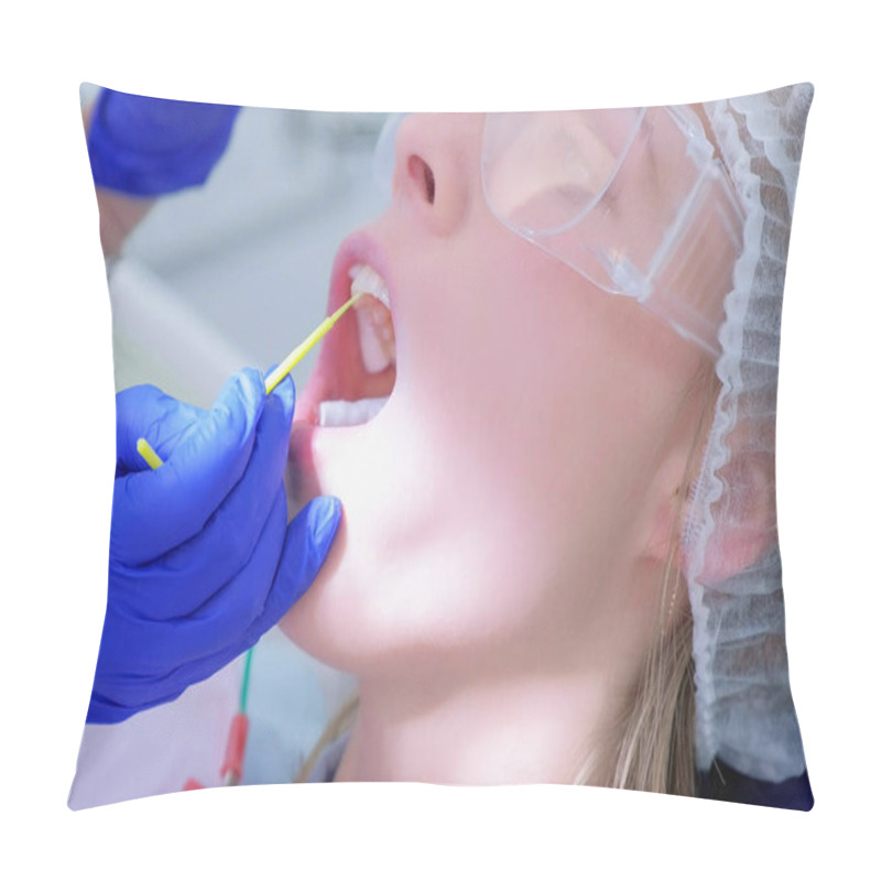 Personality  Dentist Make Fluoridation Of Teeth After Ultrasonic Cleaning For Young Woman. Pillow Covers