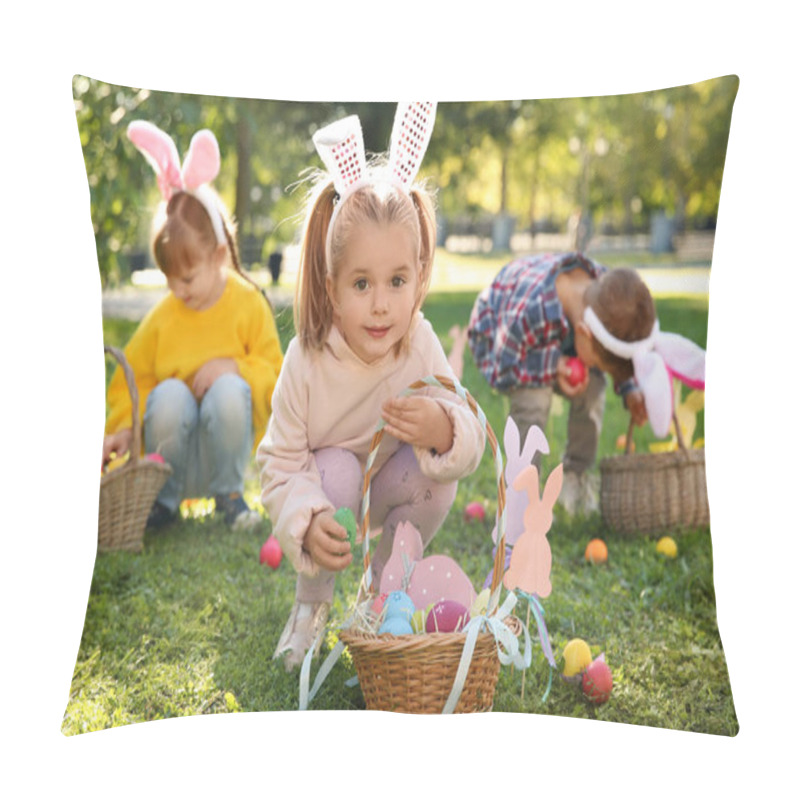 Personality  Cute Little Children Hunting Eggs In Park. Easter Tradition Pillow Covers