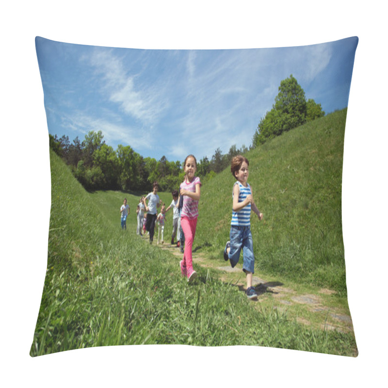 Personality  Happy And Smiling Group Of Kids Running In The Green Valley At Beautiful Sunny Day Pillow Covers