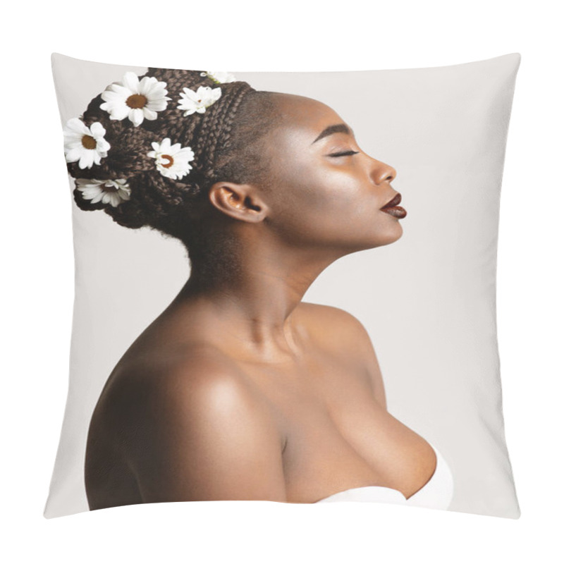 Personality  Beauty Profile Of African American Woman With White Chamomile Flowers In Black Hair Braids. Fashion Portrait Of Dark Skin Model Over White. Wedding Make Up And Bride Cornrows Hairstyle Pillow Covers