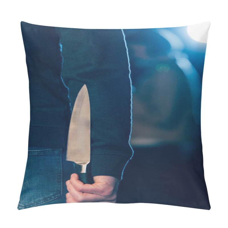 Personality  Cropped View Of Murderer Hiding Knife Behind Back On Black Pillow Covers