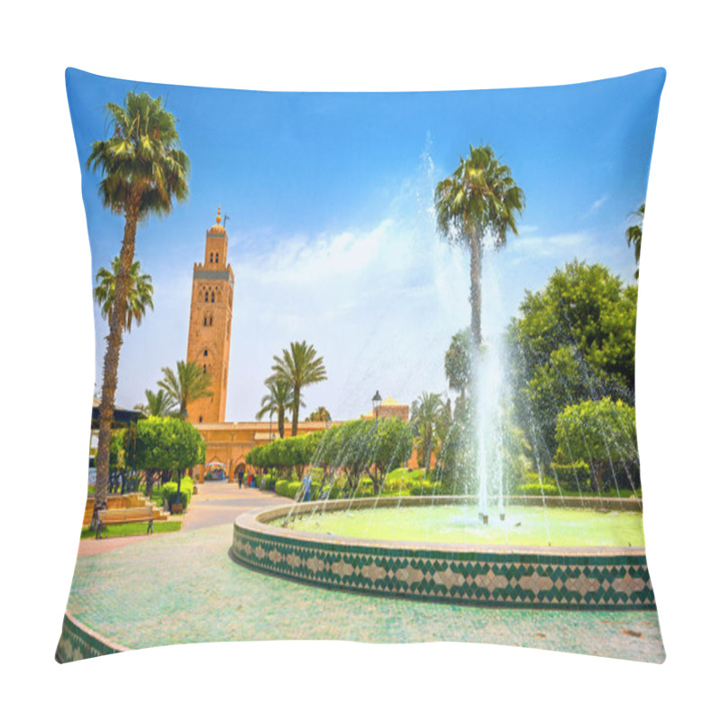 Personality  Cityscape With Beautiful Fountain In Park. View Of Koutoubia Mos Pillow Covers