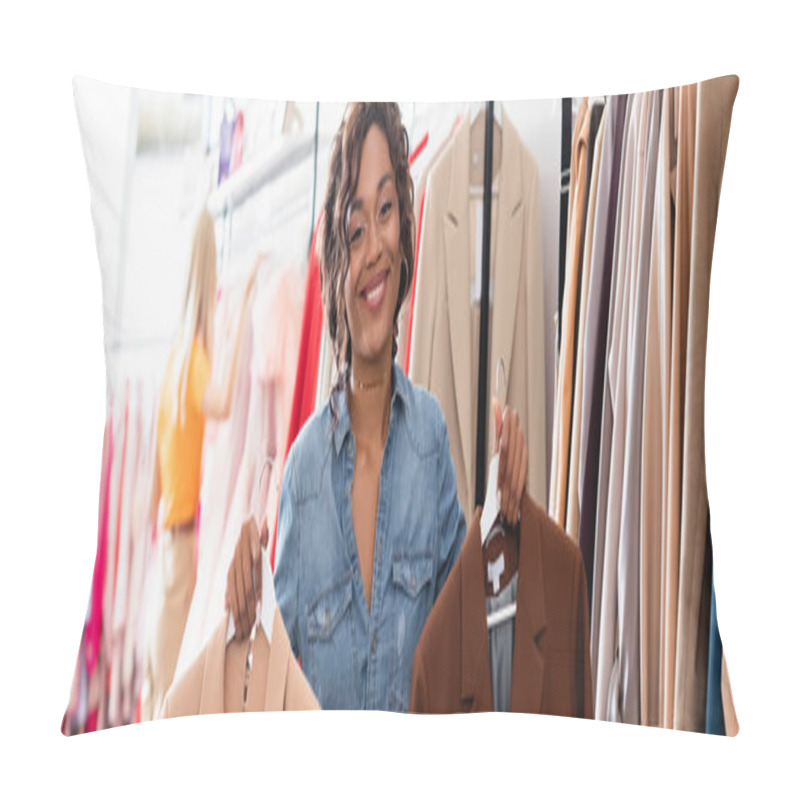 Personality  Cheerful African American Woman Holding Hangers With Jackets In Boutique, Banner Pillow Covers